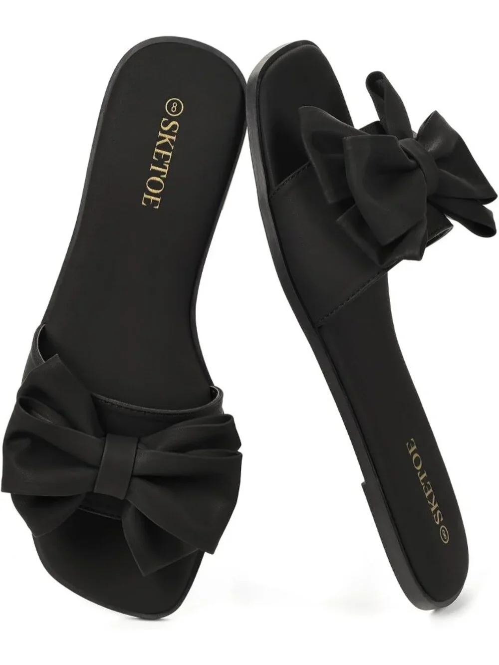 Women's Black Faux Leather Bow Flat Sandals Open Saquare Toe Comfortable Slides